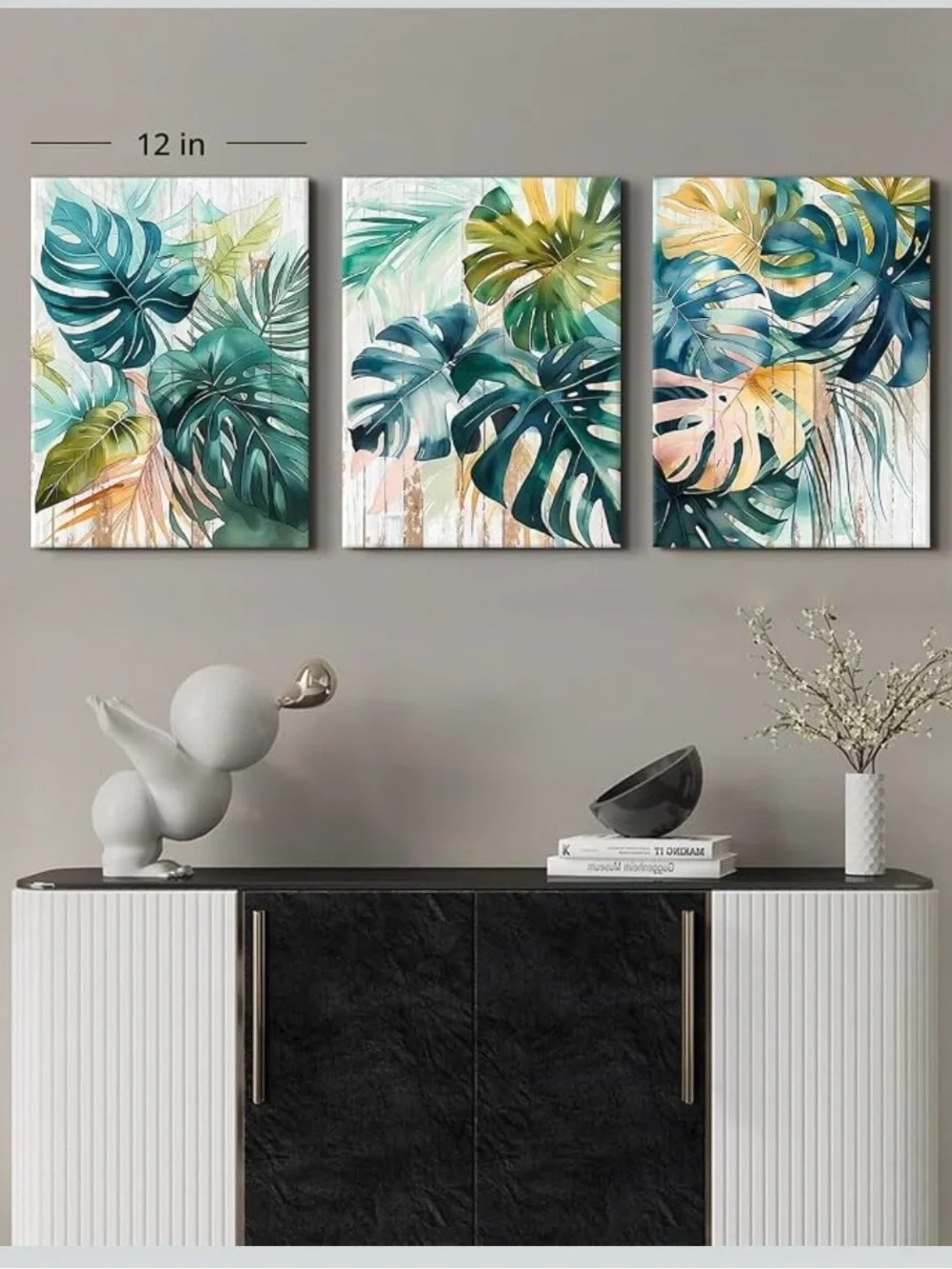 🆕 set of 3 12in x 16in Tropical Monstera Triptych Wall Art - Teal & Coral